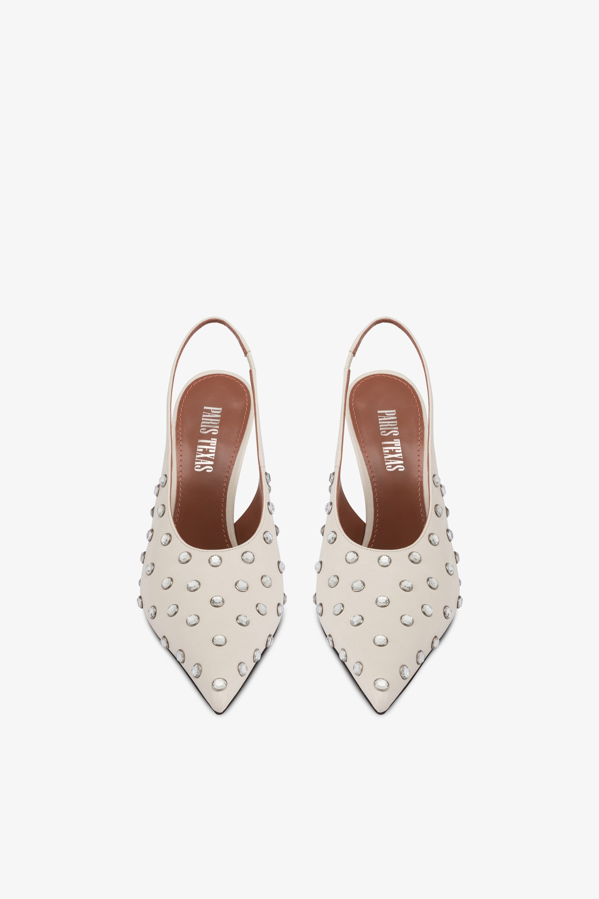 Slingbacks in milk white leather and crystals