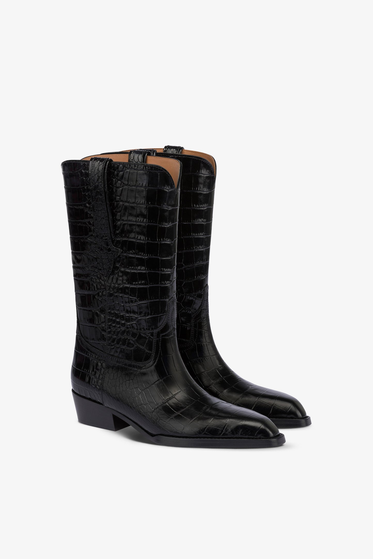 Bottes en cuir gaufre facon croco noir