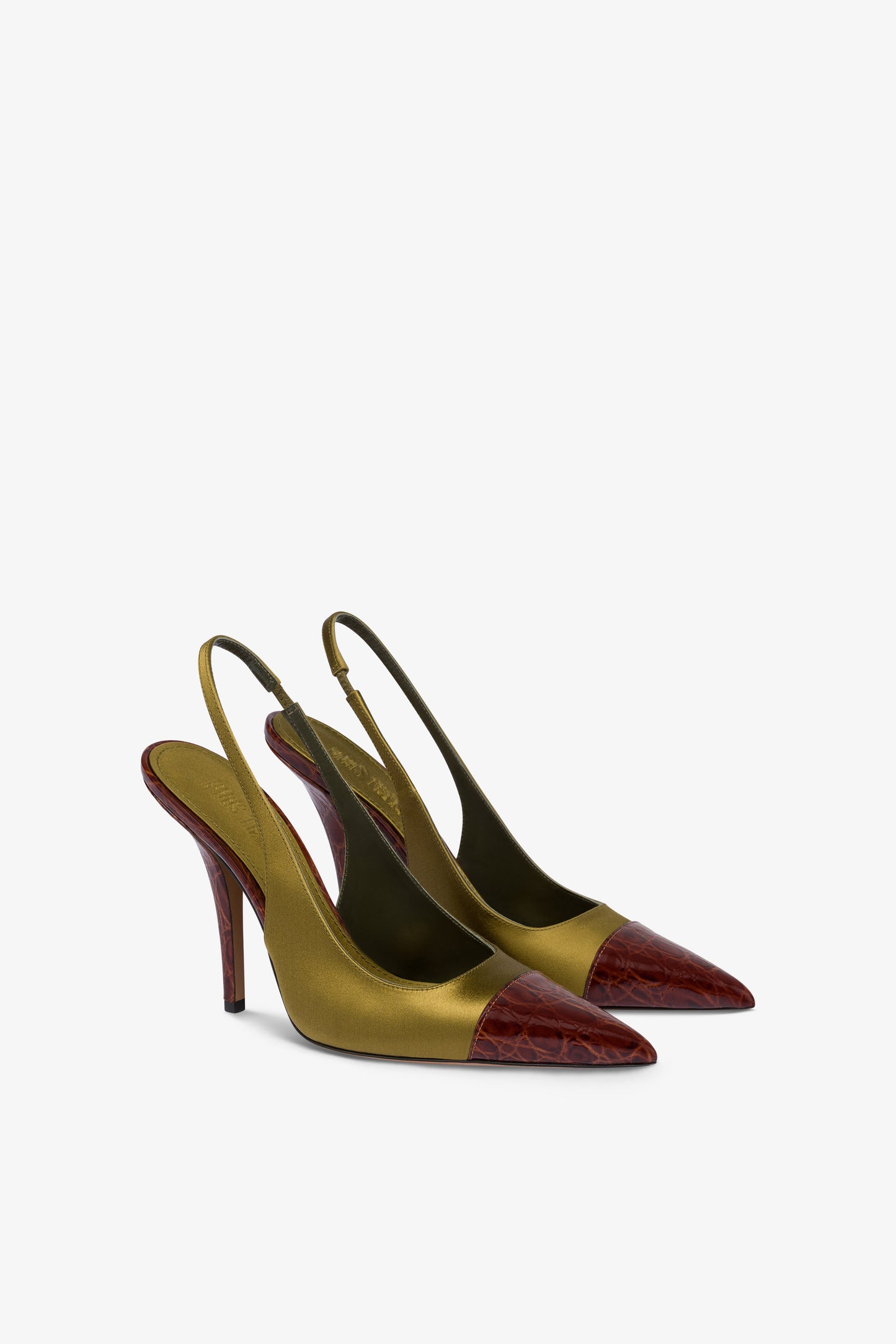 Slingbacks in oil-colored satin and chocolate croco-embossed leather