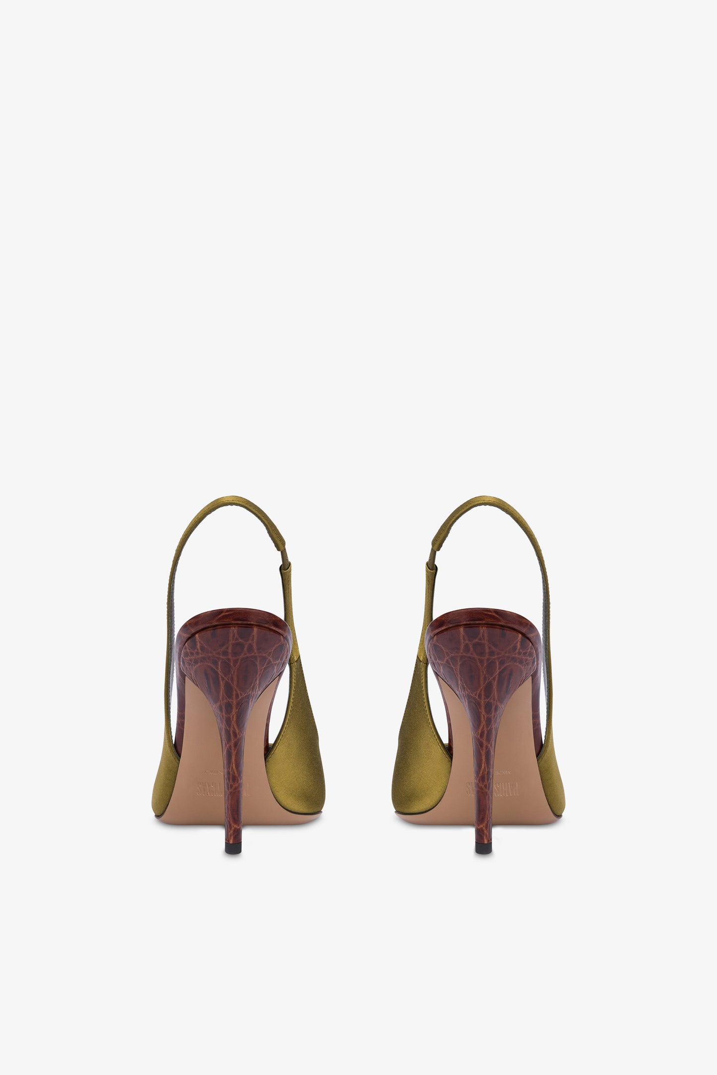 Slingbacks in oil-colored satin and chocolate croco-embossed leather