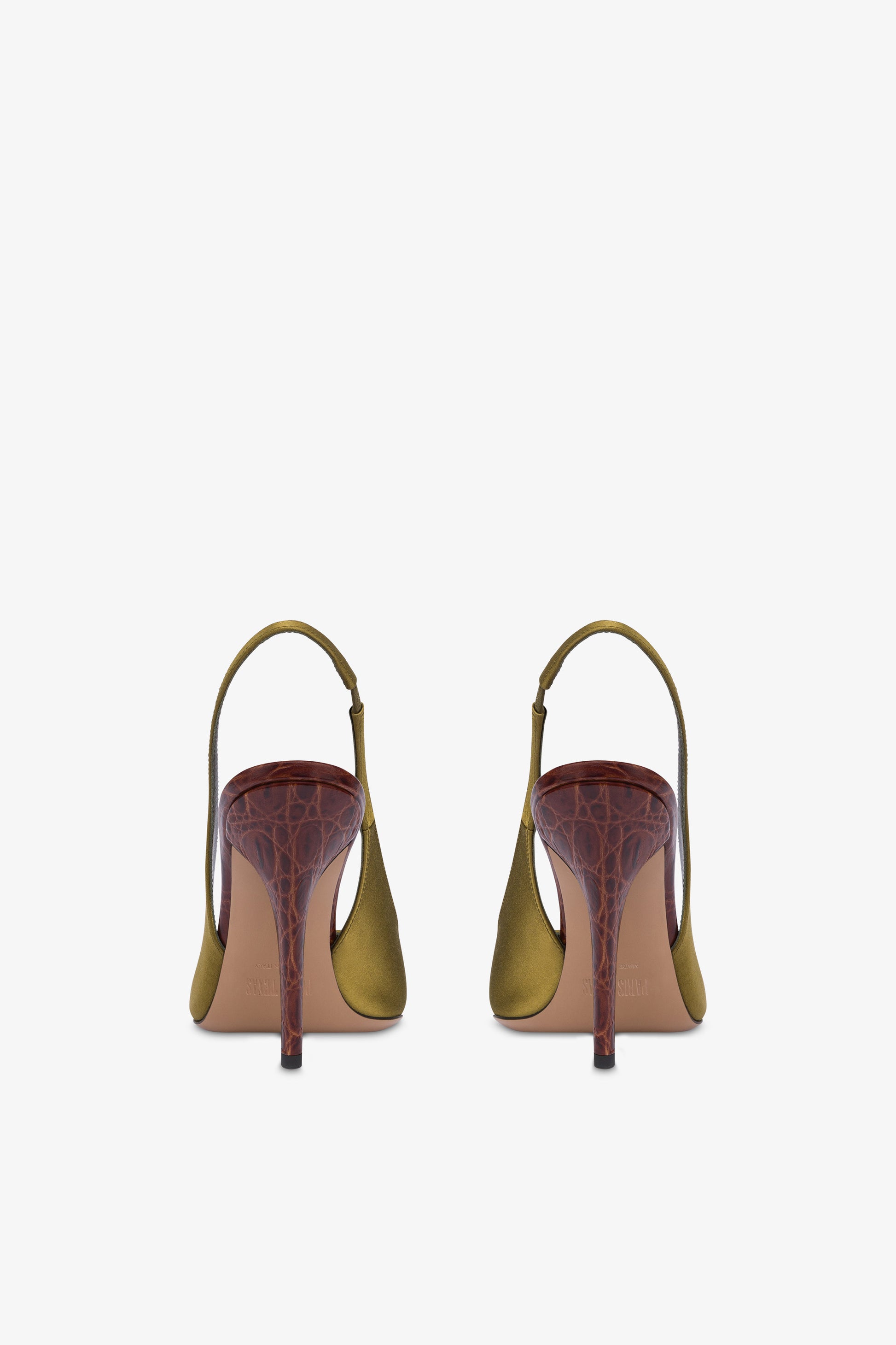 Slingbacks in oil-colored satin and chocolate croco-embossed leather