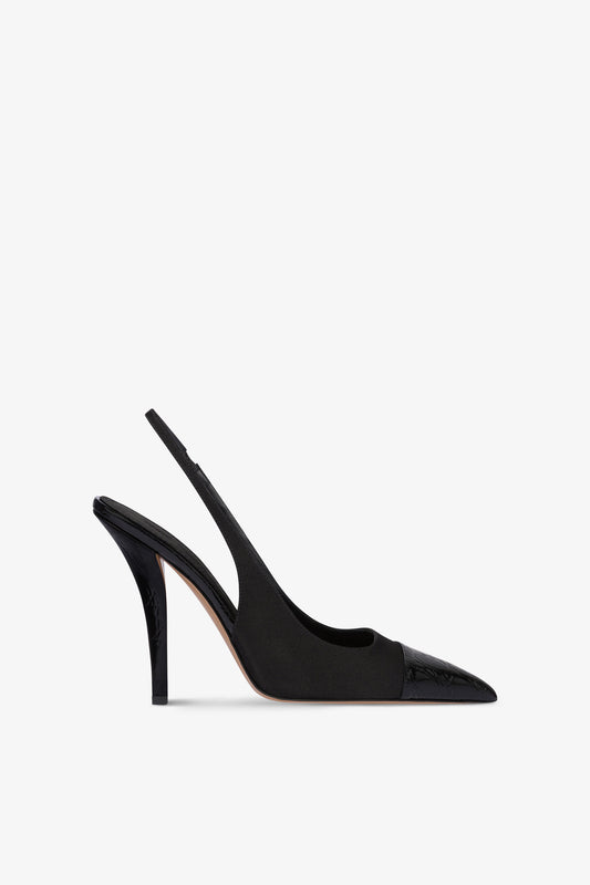 Slingback in raso nero e punta in pelle con stampa coccodrillo tono su tono