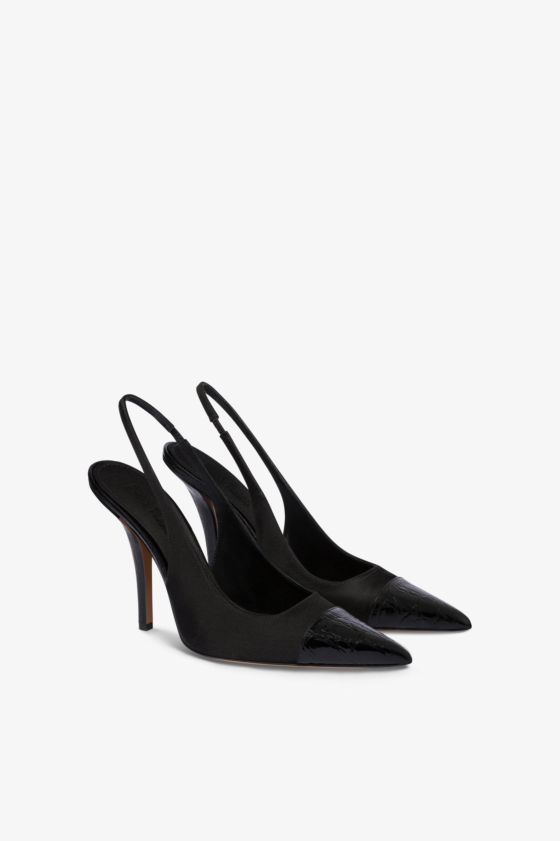 Slingback in raso nero e punta in pelle con stampa coccodrillo tono su tono