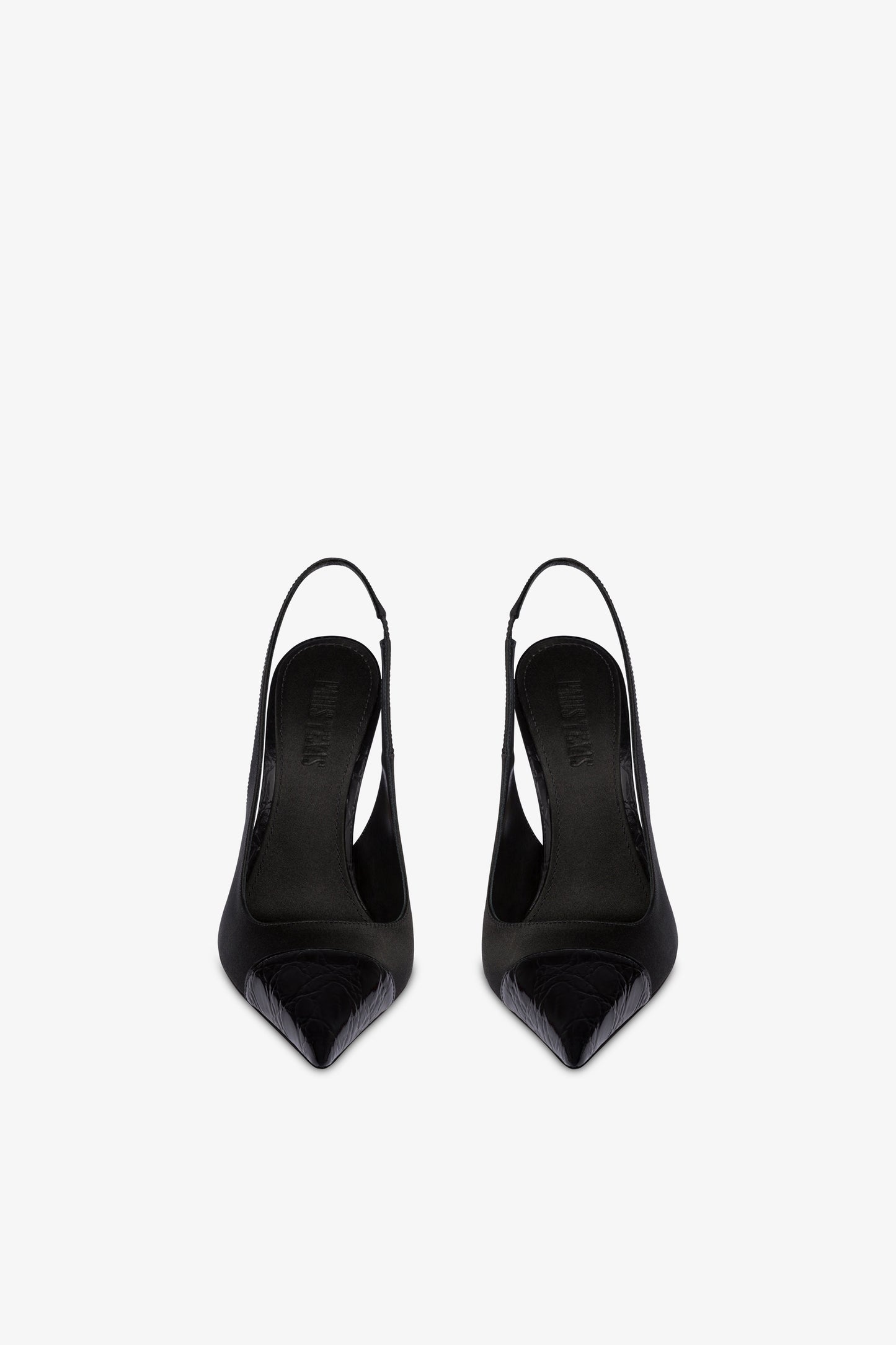 Slingback in raso nero e punta in pelle con stampa coccodrillo tono su tono