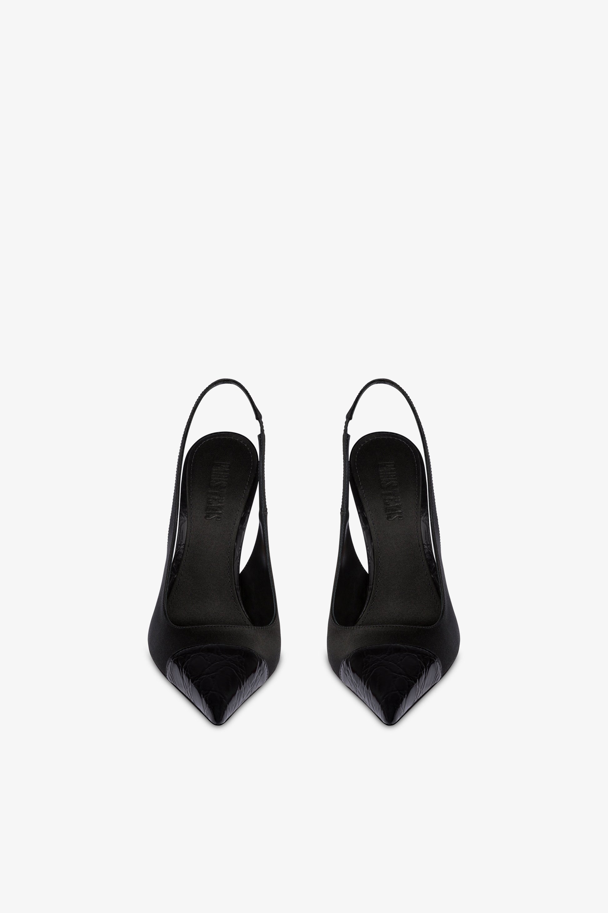 Slingback in raso nero e punta in pelle con stampa coccodrillo tono su tono