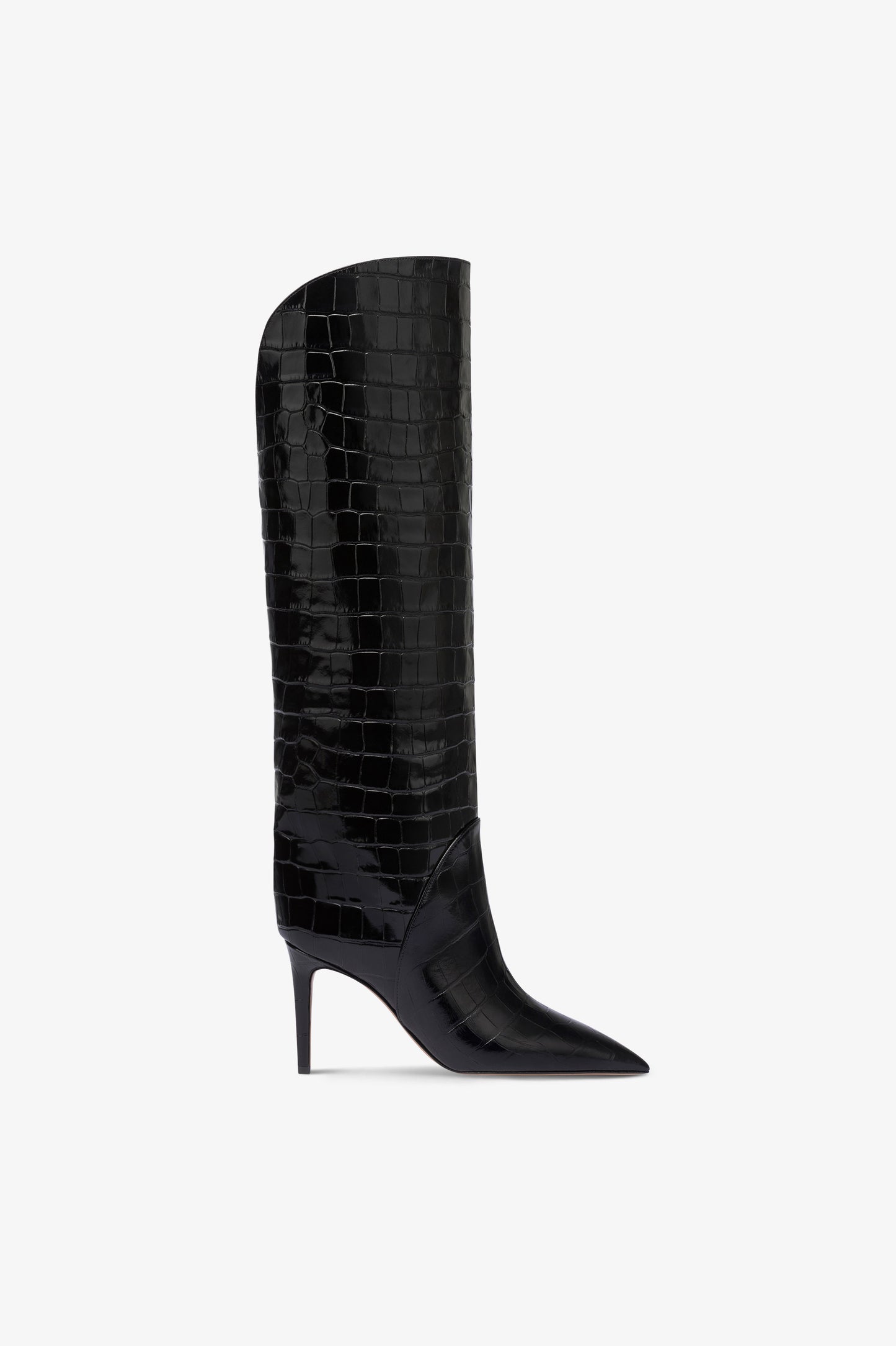 Boots in black croco-embossed leather