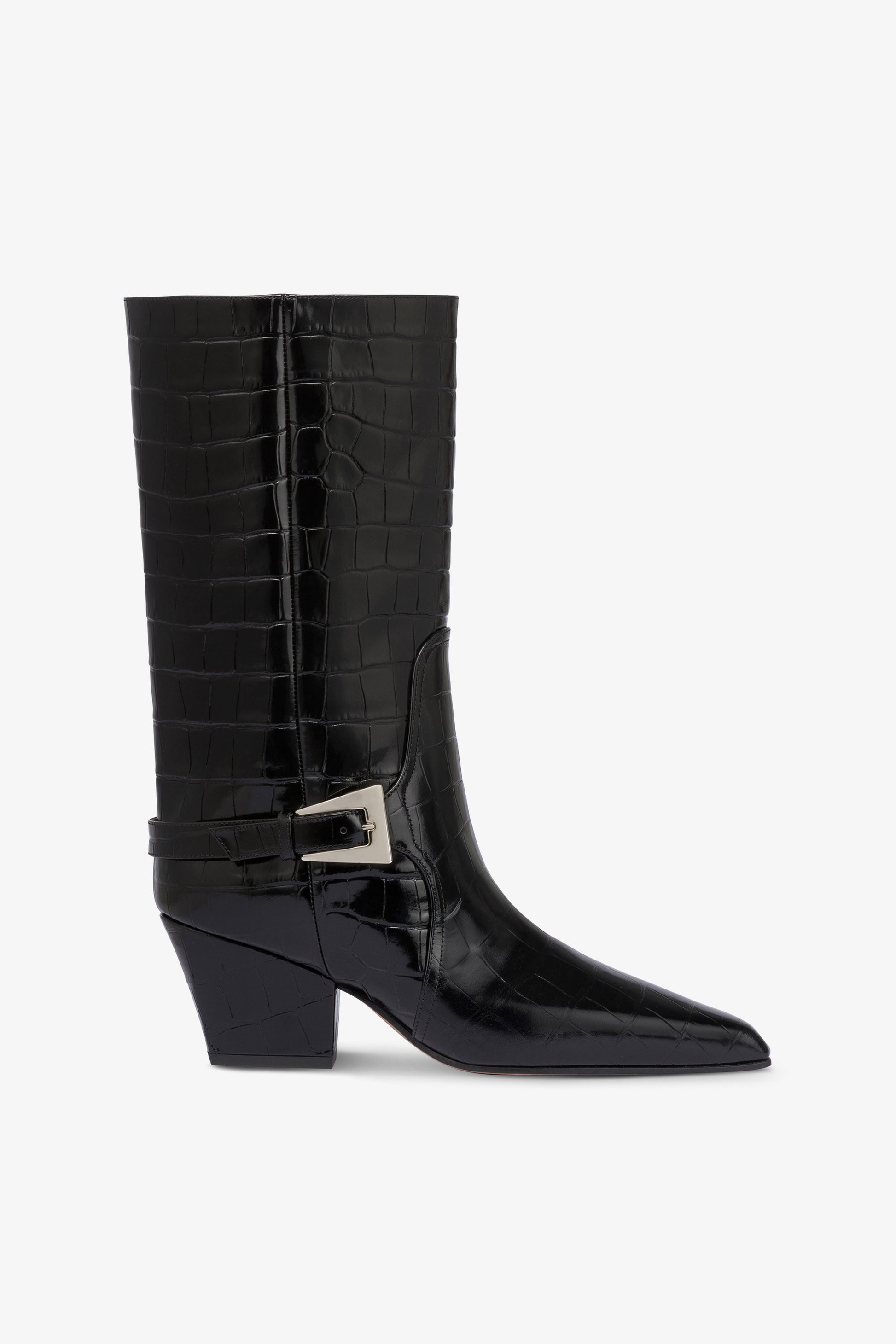 Boots in black croco-embossed leather