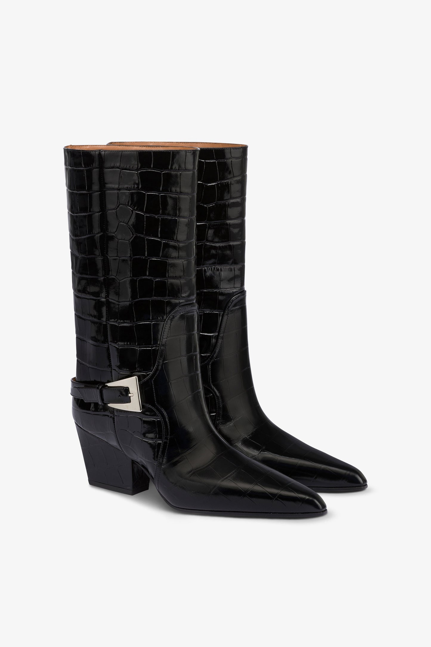 Boots in black croco-embossed leather