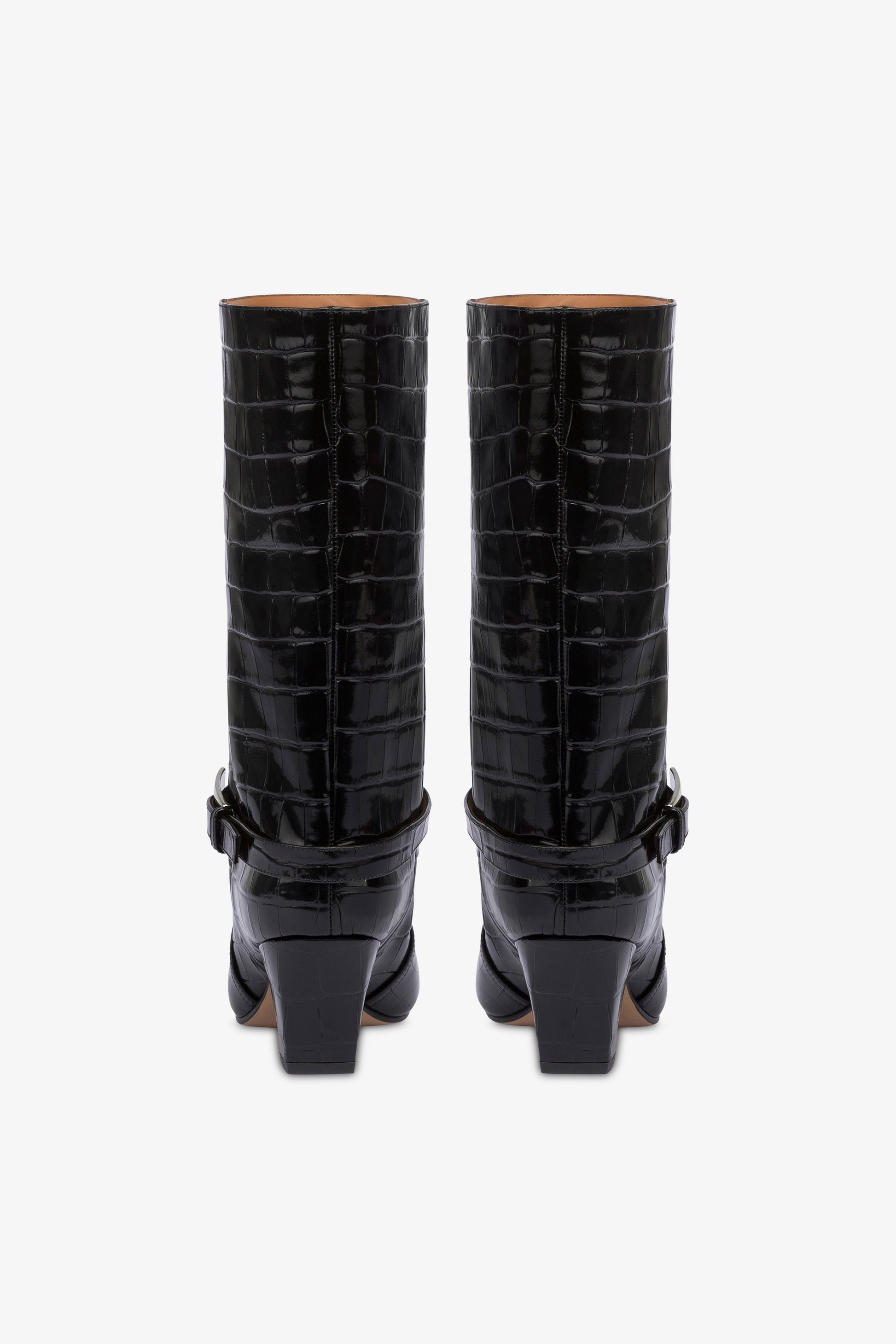 Boots in black croco-embossed leather