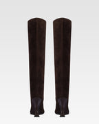 Boots in chocolate calf suede leather with lizard print leather heel