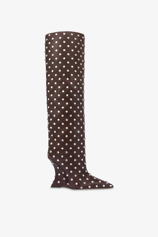 Boots in mocha and crystal-studded leather