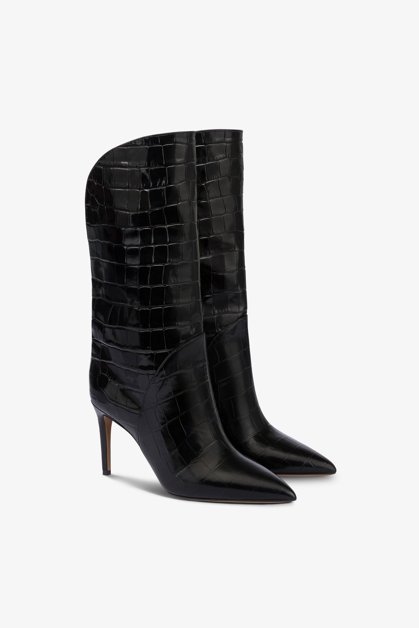 Boots in black croco-embossed leather