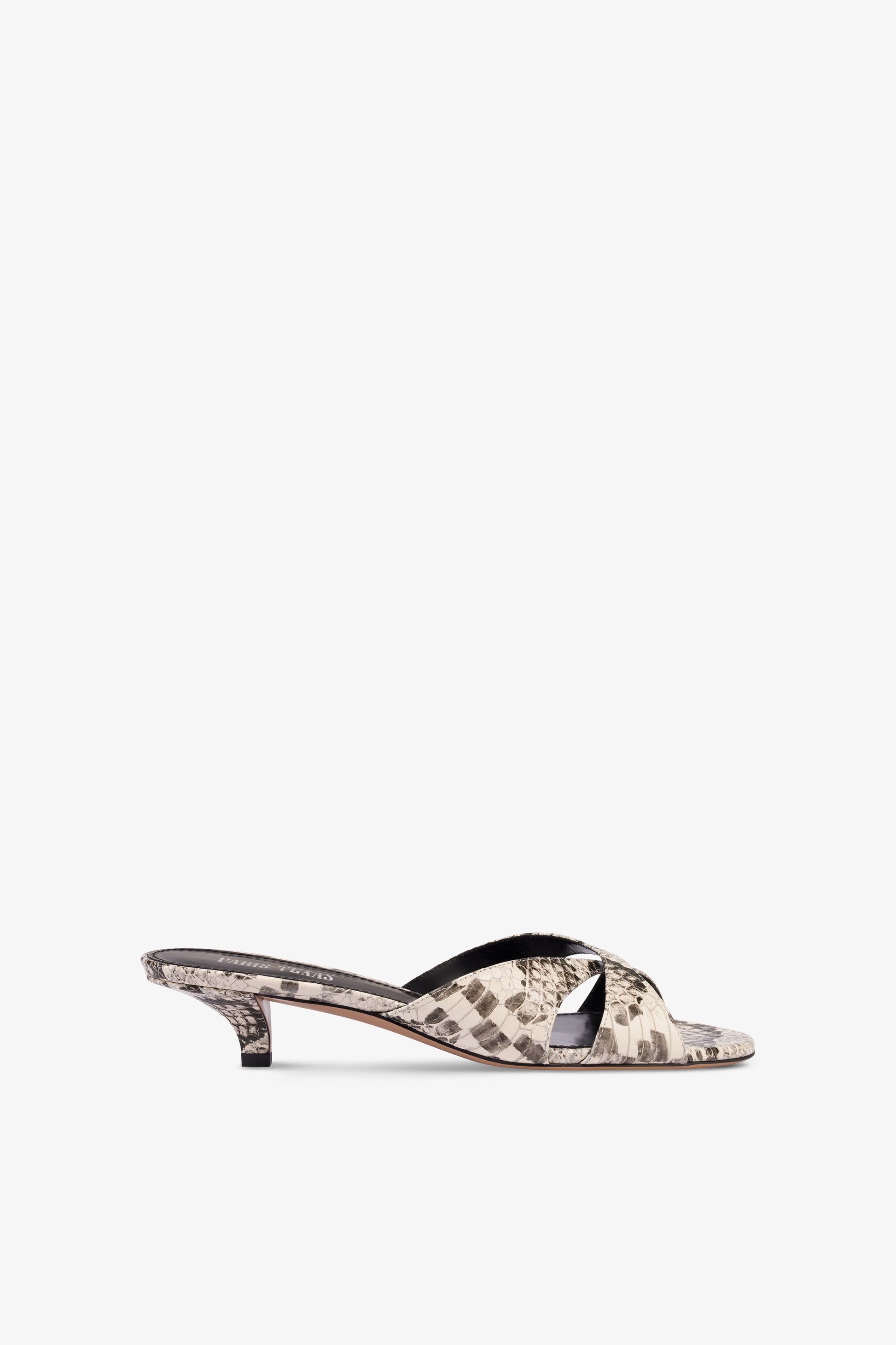 Mules in white python-print leather