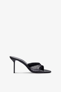 Mules in black mesh and patent leather