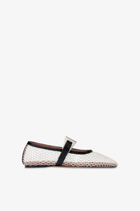 Ballet flats in white mesh and black croco-embossed leather