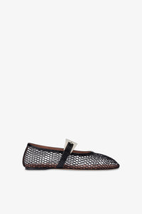 Ballet flats in black mesh and croco-embossed leather