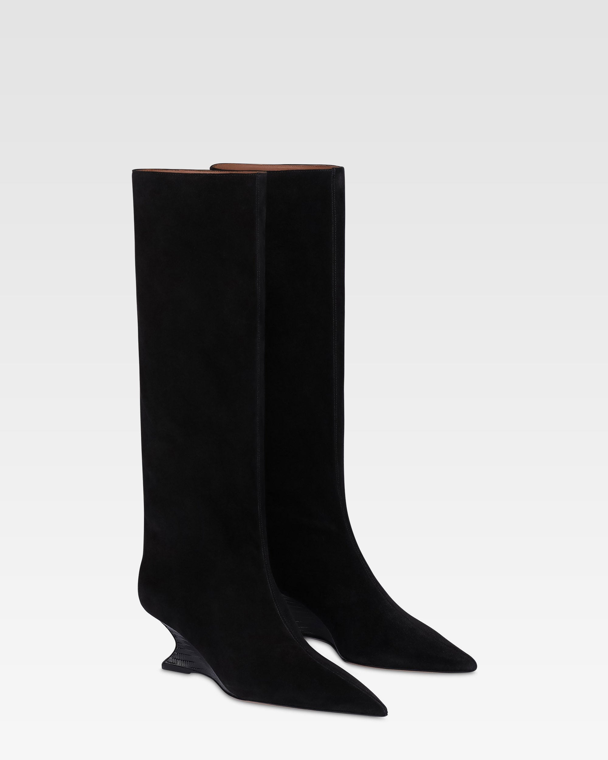 Stivali in pelle scamosciata nera con tacco stampa lizard