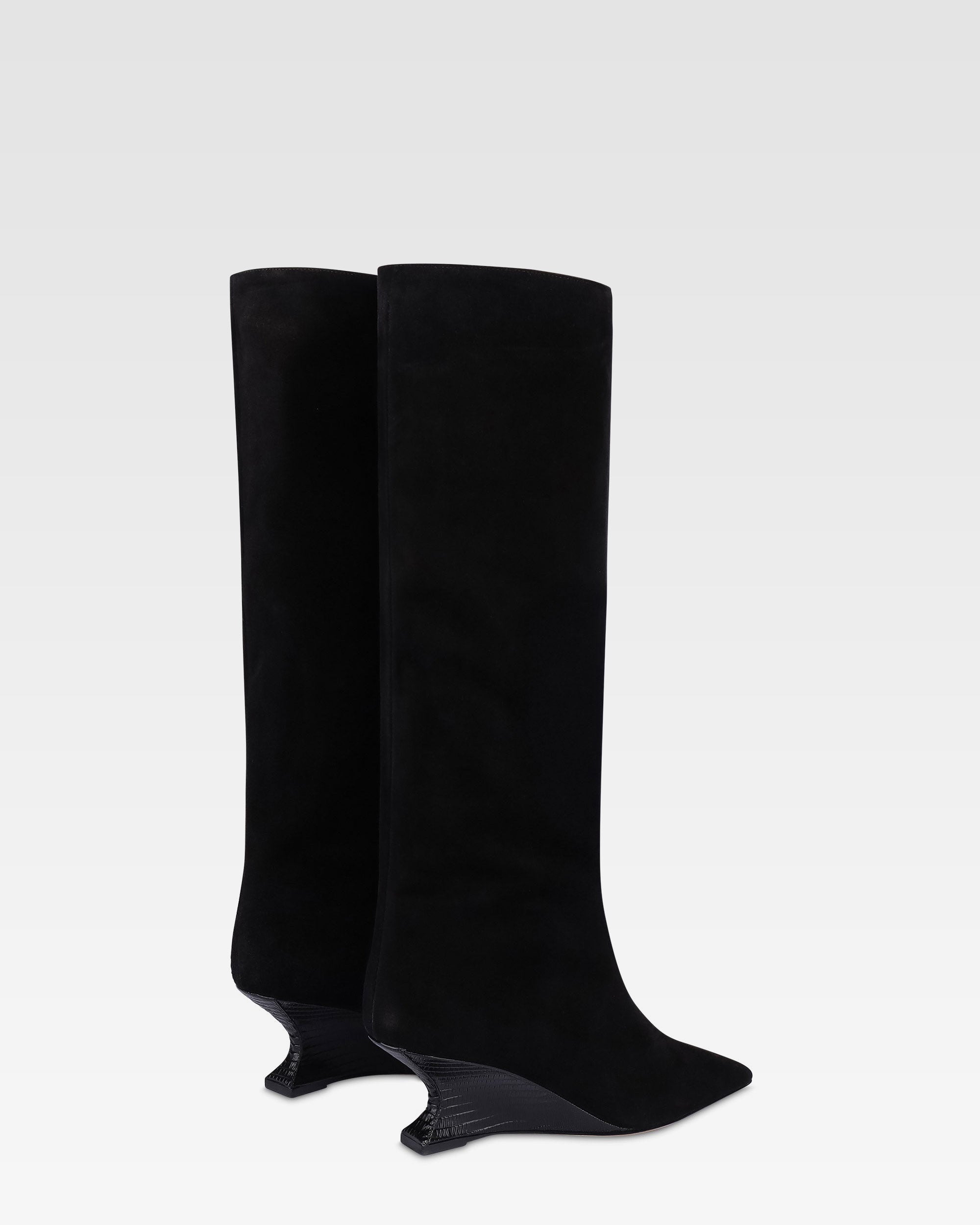 Stivali in pelle scamosciata nera con tacco stampa lizard