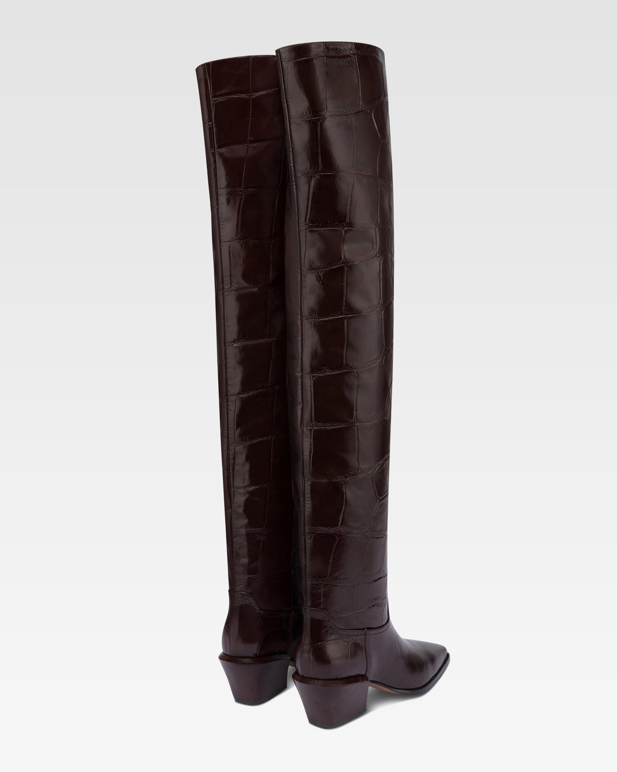 Over-the-knee boots in ebony croco-embossed leather