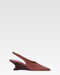 Slingbacks in rouge noir suede leather with lizard print leather heel — Mahogany/Rouge noir