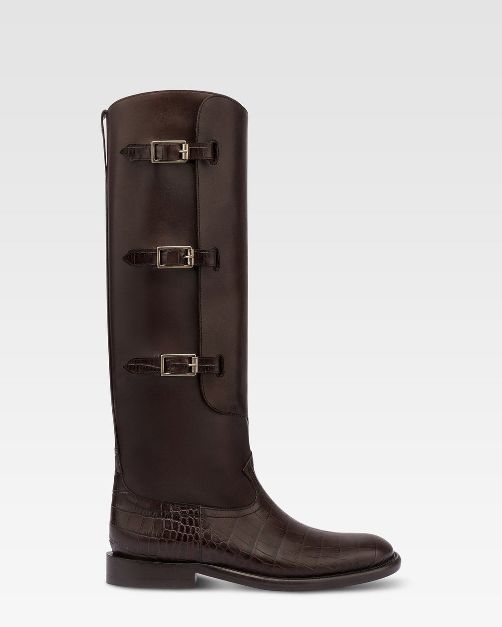 Boots in ebony calf leather with croco-embossed details