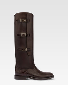 Boots in ebony calf leather with croco-embossed details