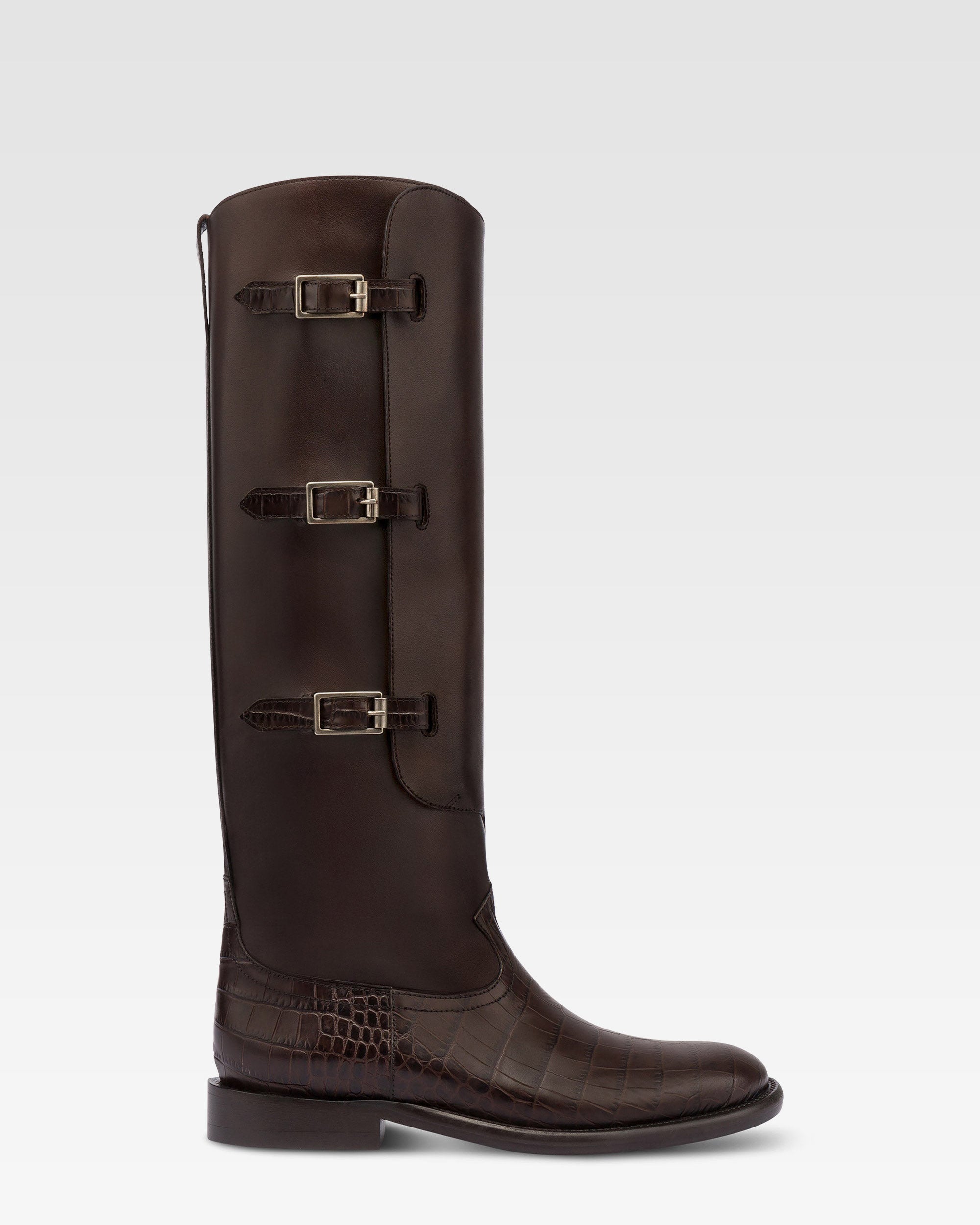 Boots in ebony calf leather with croco-embossed details