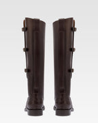 Boots in ebony calf leather with croco-embossed details