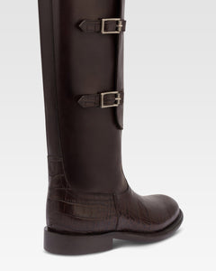 Boots in ebony calf leather with croco-embossed details