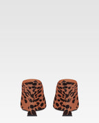 Open-toe sabots in caramel and dark brown printed cowhide