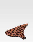 Open-toe sabots in caramel and dark brown printed cowhide