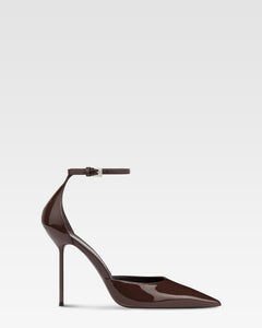 Ankle-strap pumps in ebony patent leather