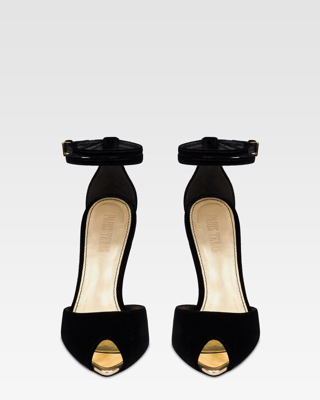 Sandals in black velvet with gold detailing.