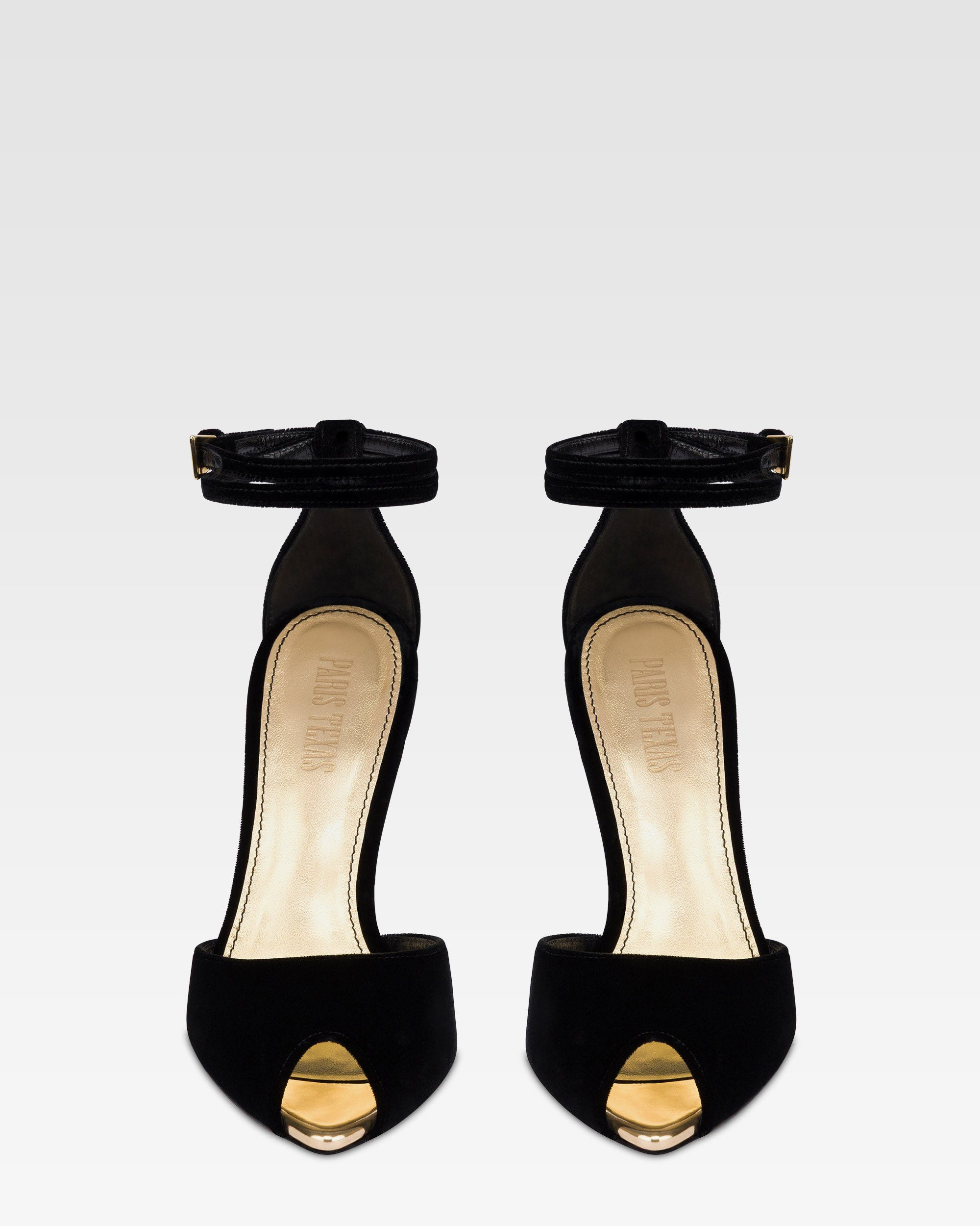 Sandals in black velvet with gold detailing.