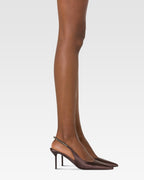 Slingbacks in ebony satin with stud detailing.