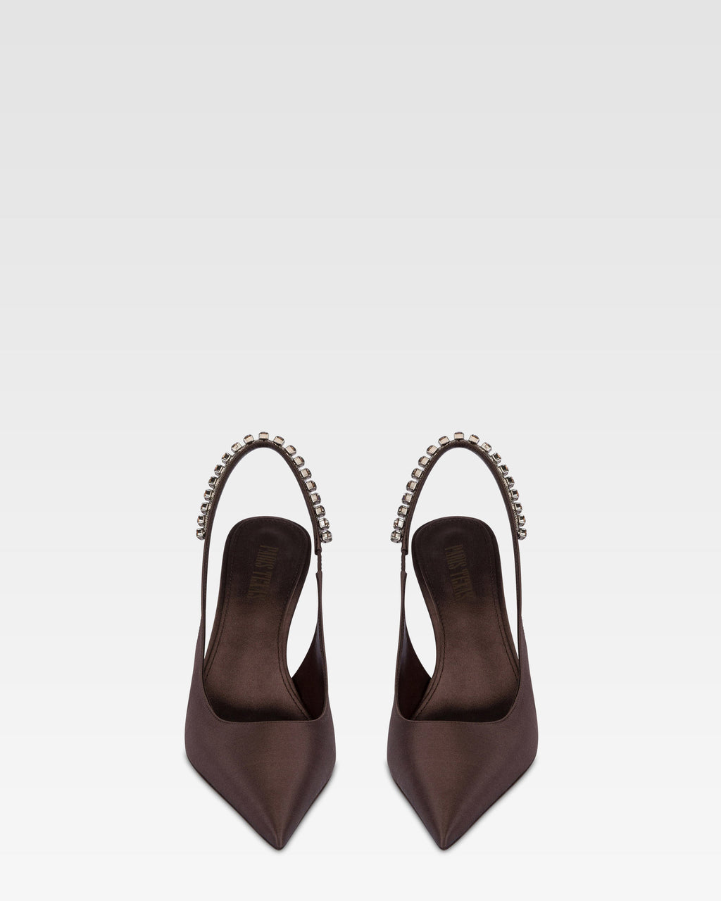 Slingbacks in ebony satin with stud detailing.