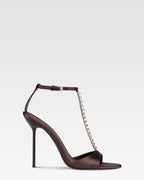 Sandali t-strap in raso ebano con castoni ricamati