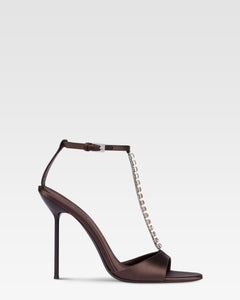 Sandali t-strap in raso ebano con castoni ricamati