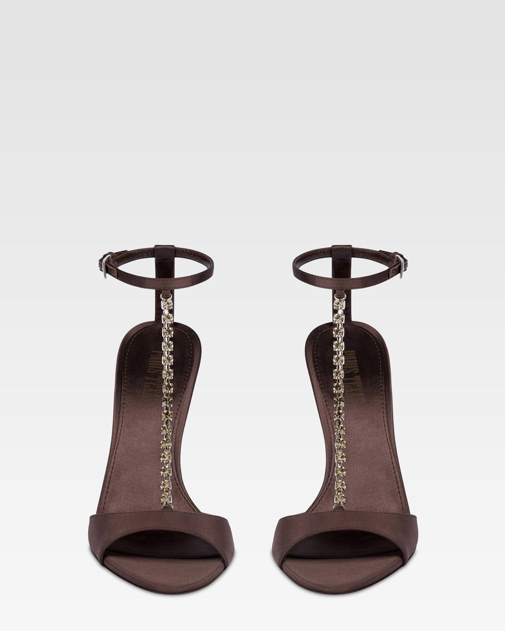 Sandali t-strap in raso ebano con castoni ricamati