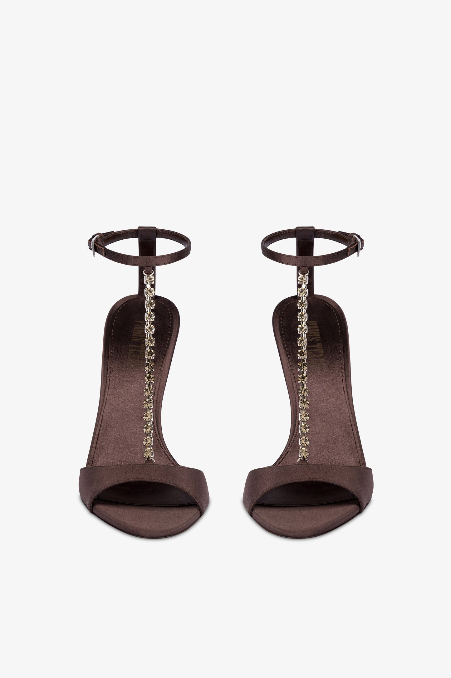 T-strap sandals in ebony satin with stud detailing.