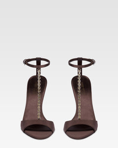 Sandali t-strap in raso ebano con castoni ricamati