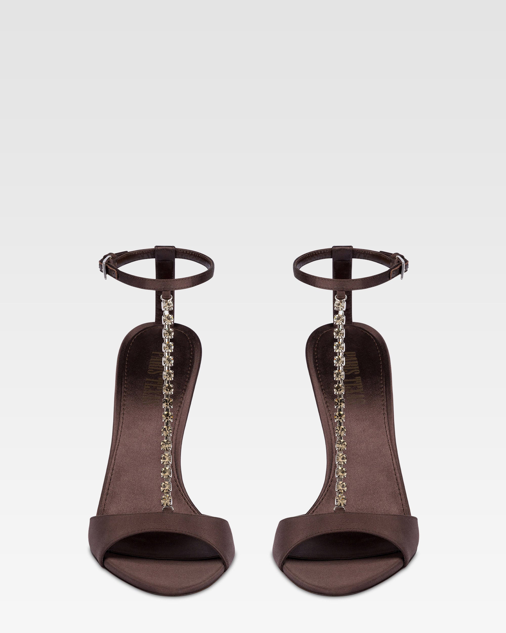 Sandali t-strap in raso ebano con castoni ricamati