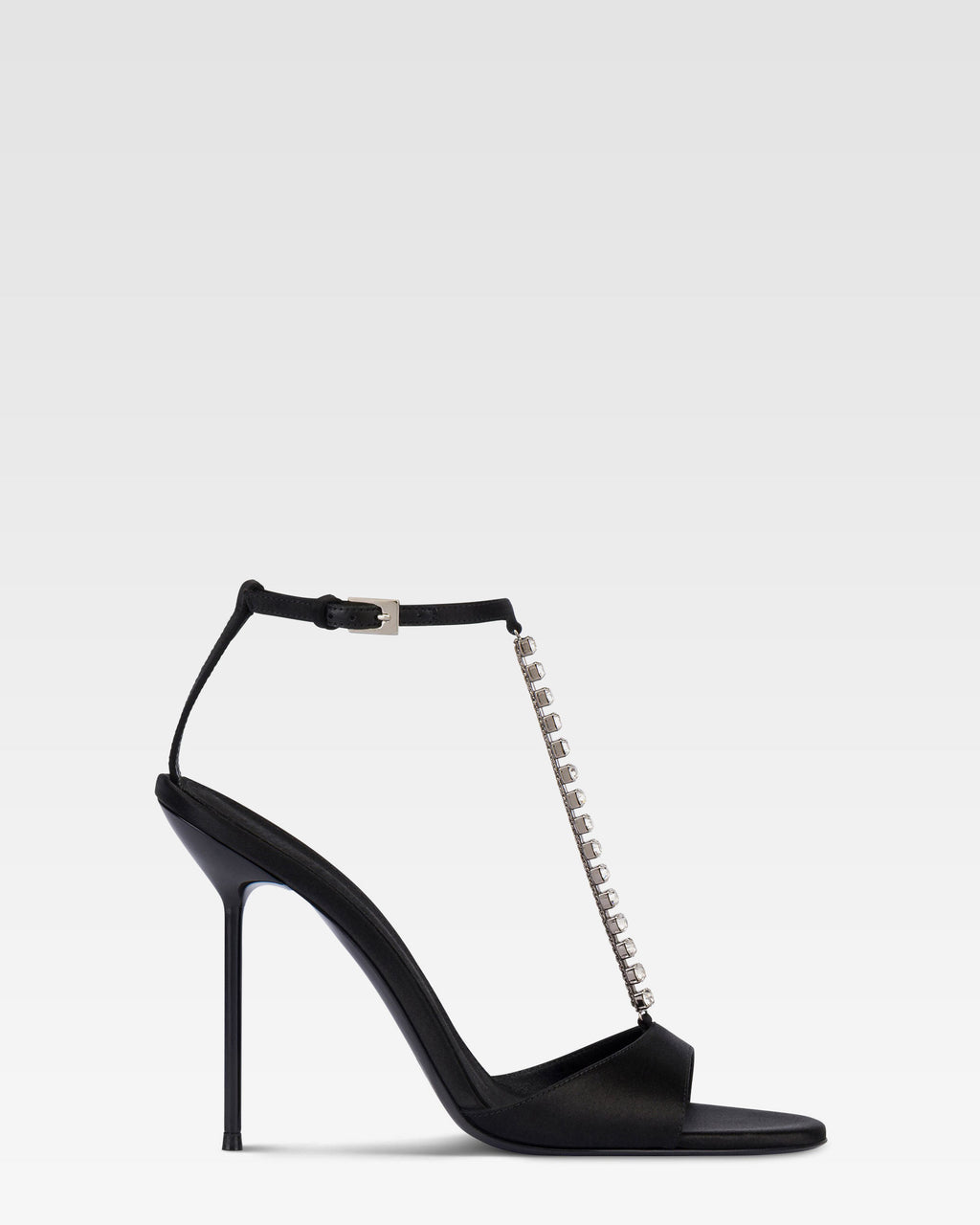 Sandali t-strap in raso nero con castoni ricamati