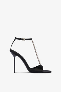 T-strap sandals in black satin with stud detailing.