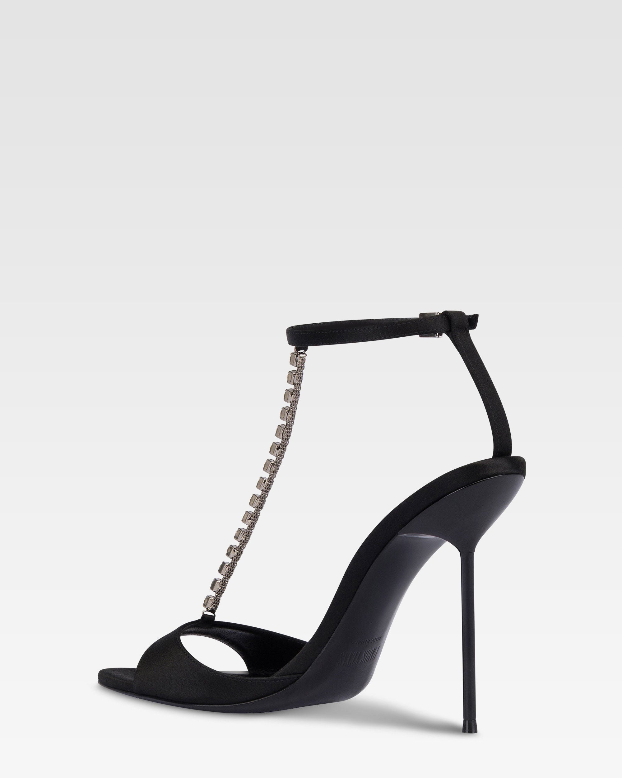 Sandali t-strap in raso nero con castoni ricamati