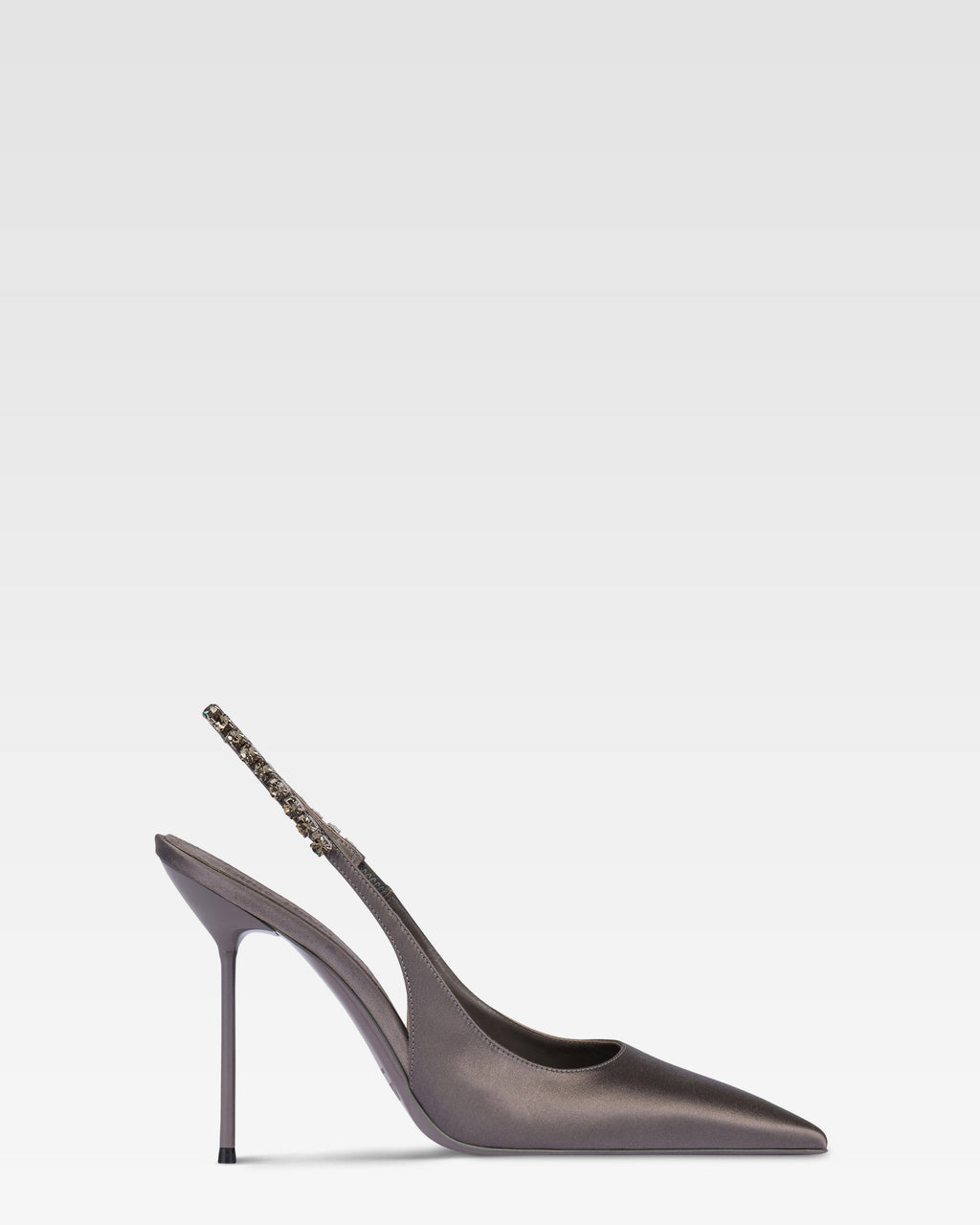 Slingbacks in grey satin with stud detailing.
