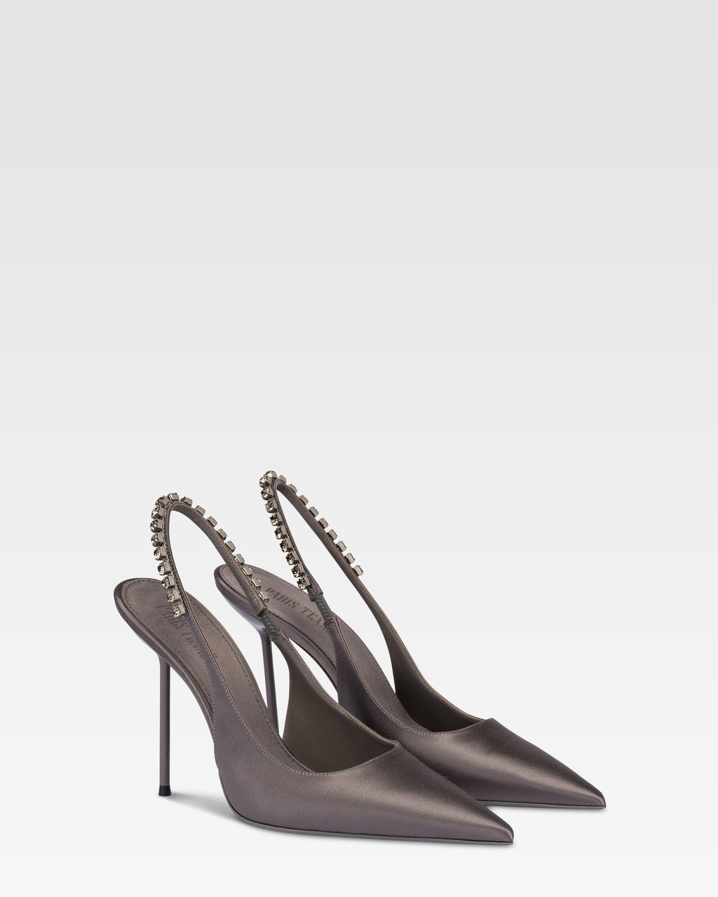 Slingbacks in grey satin with stud detailing.