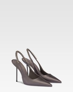 Slingbacks in grey satin with stud detailing.