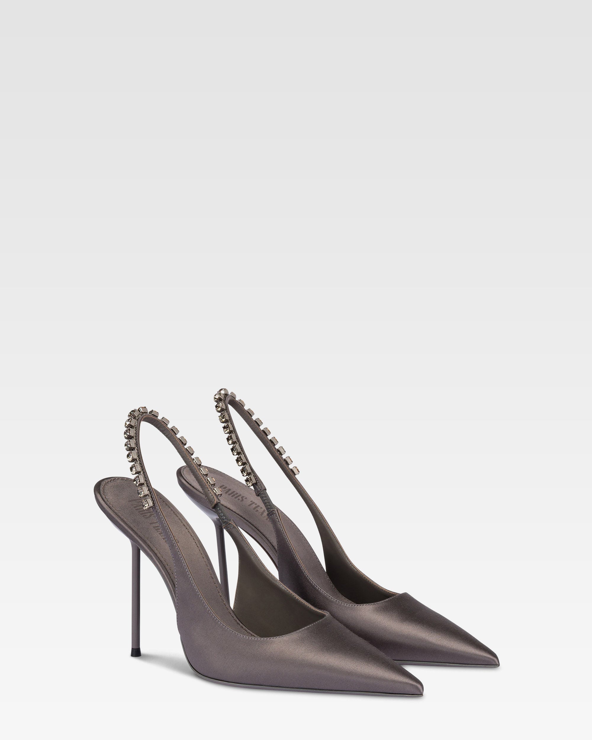 Slingbacks in grey satin with stud detailing.