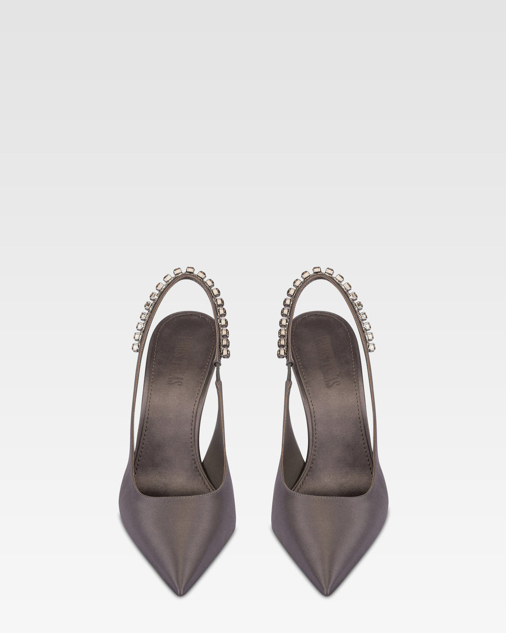 Slingbacks in grey satin with stud detailing.